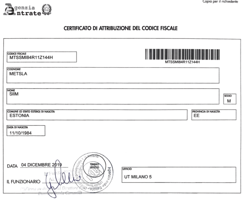 How to get Codice Fiscale in Milan Italy